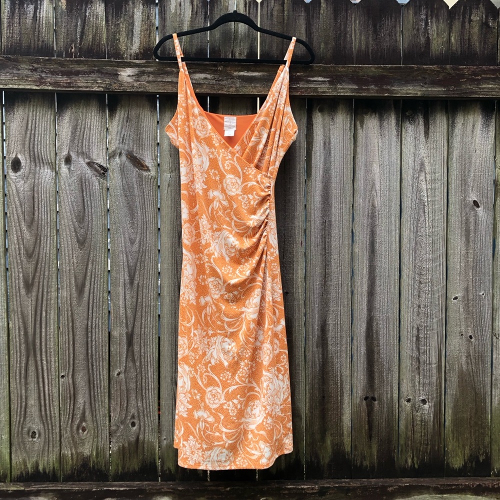 Joie Orange Floral Ruched Crossover Midi Dress Size L Sleeveless Stretch